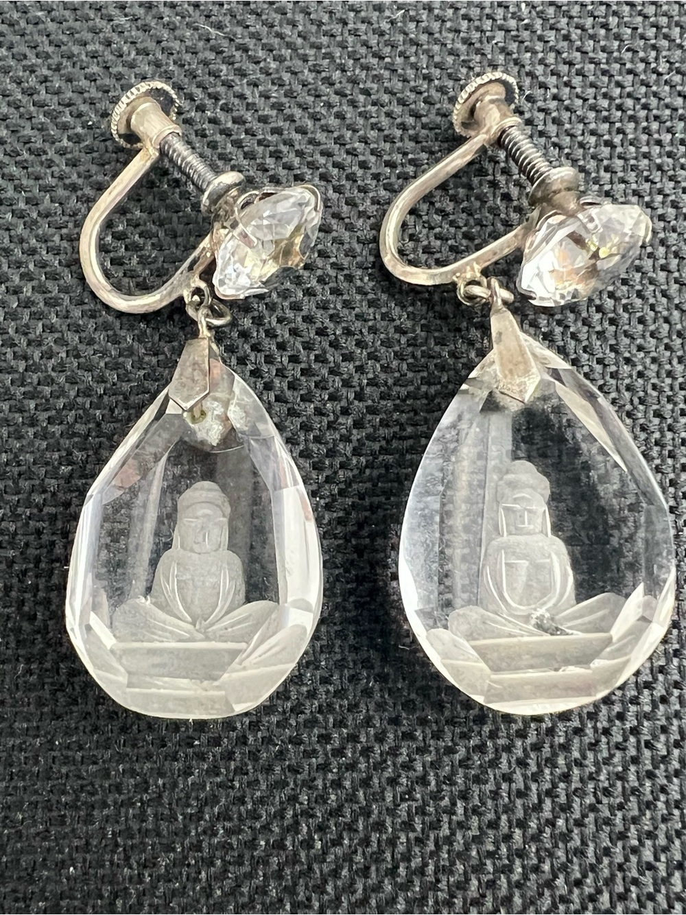 Vtg OWB Japan Sterling Rock Crystal Buddha Screw Back Earrings
